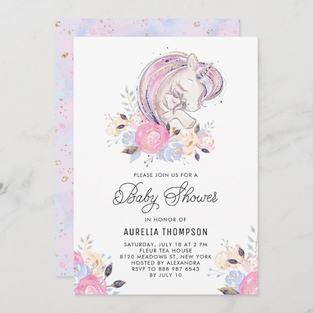 Mother and Baby Unicorn Glitter Baby Shower Invitation (Front/Back)