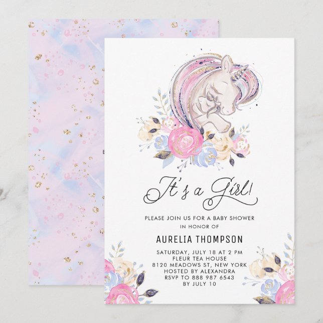 Mother and Baby Unicorn It's a Girl Baby Shower Invitation (Front/Back)