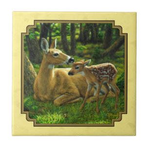 Mother and Baby Whitetail Deer Yellow Tile