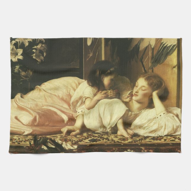 Mother and Child (aka Cherries) by Lord Leighton Tea Towel (Horizontal)