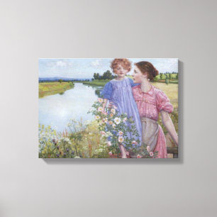 Mother and Child by a River With Wild Roses Canvas Print