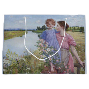 Mother and Child by a River With Wild Roses Large Gift Bag