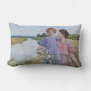 Mother and Child by a River With Wild Roses Lumbar Cushion