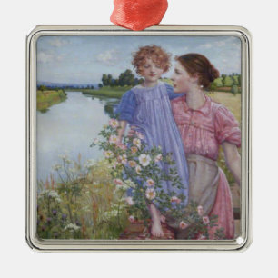 Mother and Child by a River With Wild Roses Metal Tree Decoration