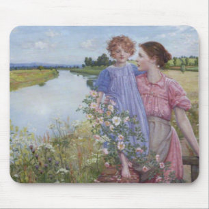 Mother and Child by a River With Wild Roses Mouse Mat