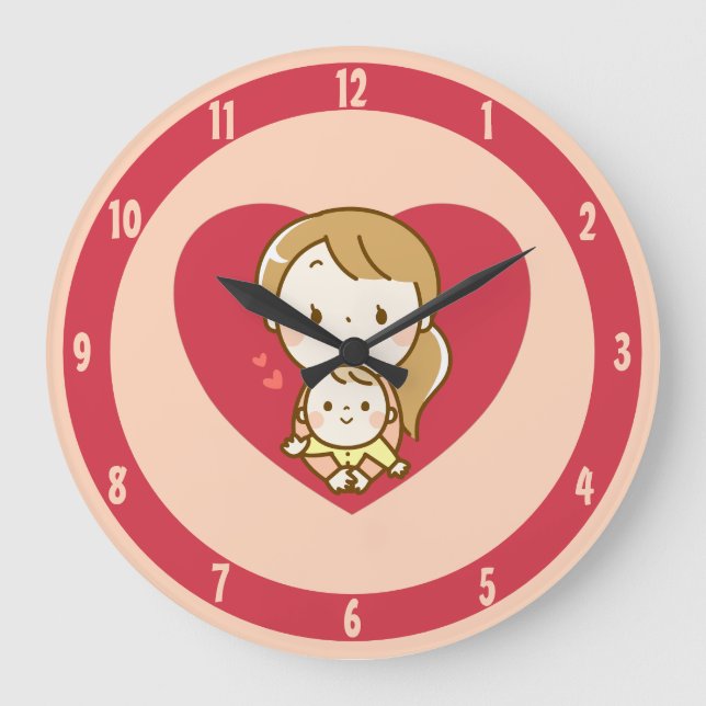 Mother and child cute kawaii cartoon mother's day  large clock (Front)