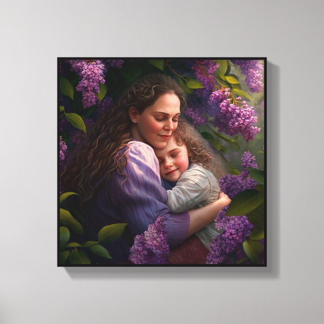 Mother and Child Hugging Under a Lilac Bush Canvas Print (Front)