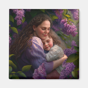 Mother and child Hugging Under a Lilac Bush Magnet