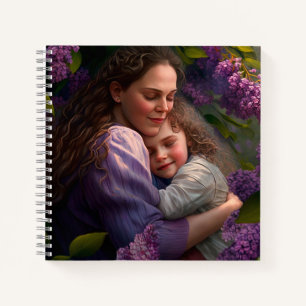 Mother and Child Hugging Under a Lilac Bush Notebook
