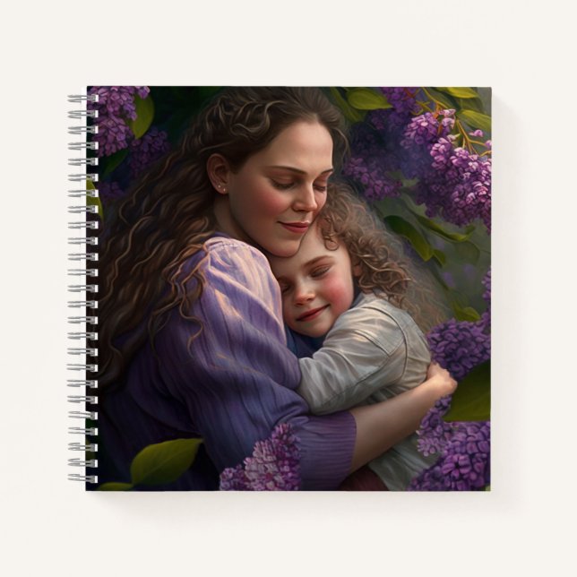 Mother and Child Hugging Under a Lilac Bush Notebook (Front)