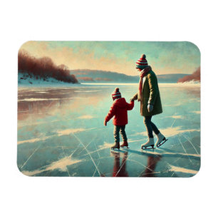 Mother and Child Ice Skating on a frozen lake Magnet