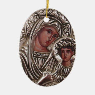 Mother and Child Icon, Madonna and Jesus in silver Ceramic Tree Decoration