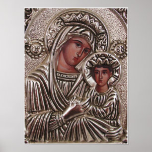 Mother and Child Icon, Madonna and Jesus in silver Poster