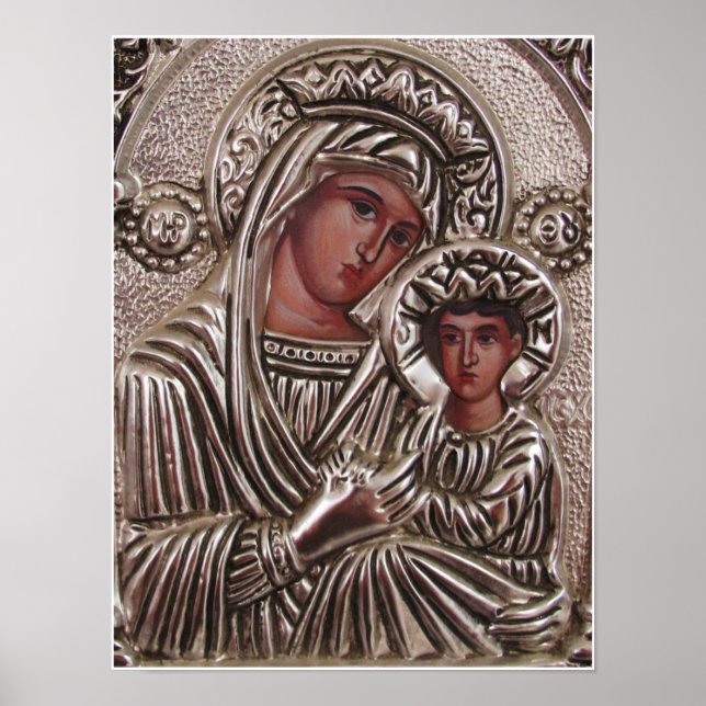 Mother and Child Icon, Madonna and Jesus in silver Poster (Front)