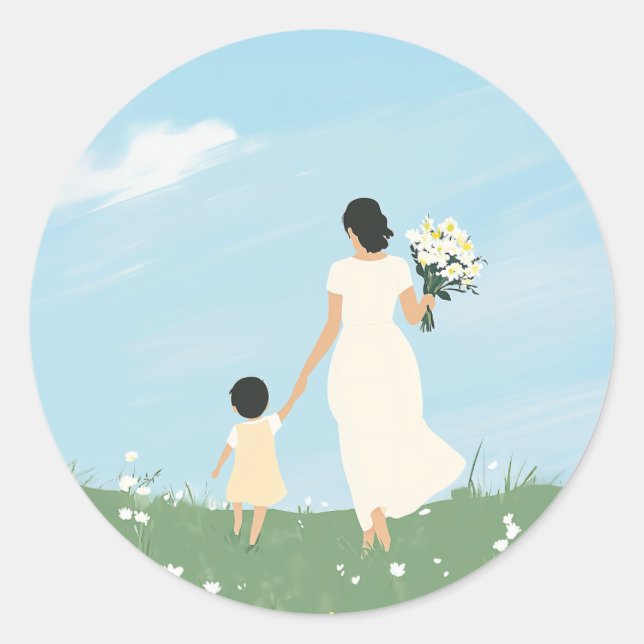 Mother and Child in a Blooming Meadow Classic Round Sticker (Front)