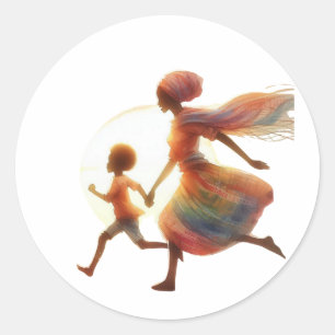 Mother and Child Running at Sunset – Art of Love a Classic Round Sticker