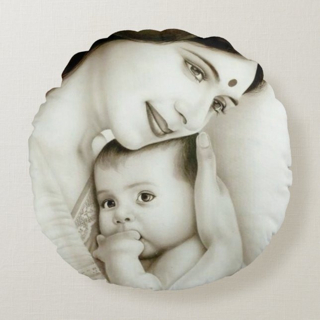 Mother and Child: Watercolor Embrace Art Print Round Cushion (Front)