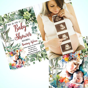 Mother and Child Watercolor Photo Baby Shower Invitation