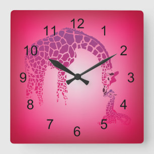 Mother and Cute Baby Giraffe   fuchsia Square Wall Clock