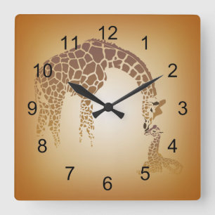 Mother and Cute Baby Giraffe   tan Square Wall Clock