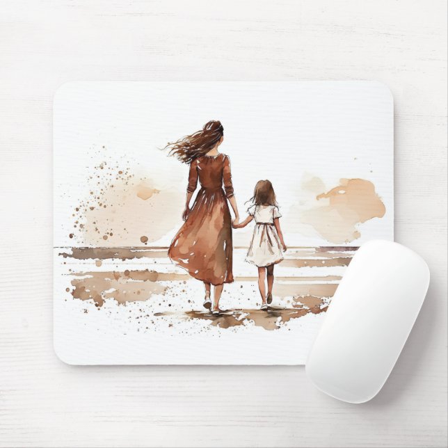 Mother And Daughter Beach Painting Mouse Mat (With Mouse)