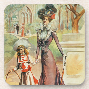 Mother and daughter on a walk (colour litho) coaster