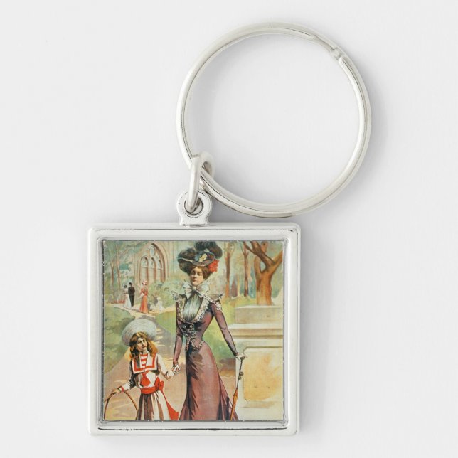 Mother and daughter on a walk (colour litho) key ring (Front)
