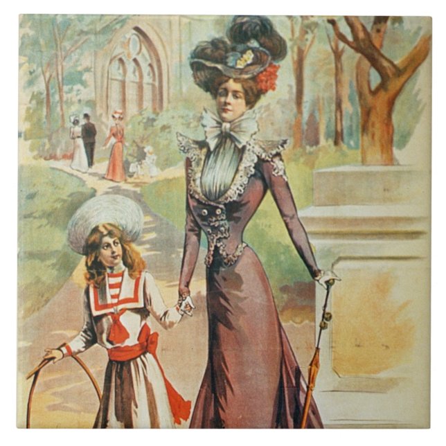 Mother and daughter on a walk (colour litho) tile (Front)