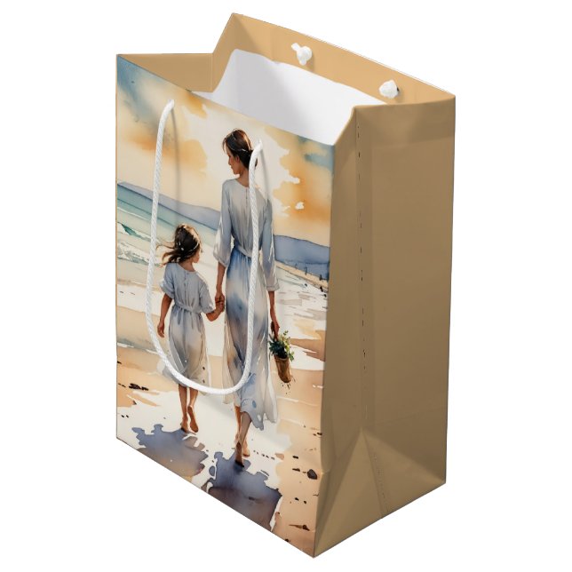 Mother and Daughter Walking the Beach Medium Gift Bag (Front Angled)