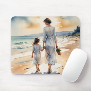 Mother and Daughter Walking the Beach Mouse Mat