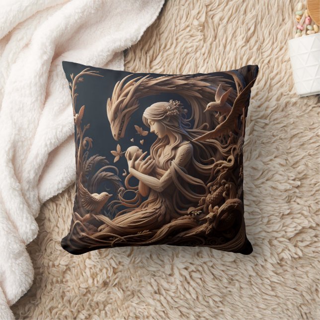 Mother and Dragon Embrace in Whimsical Forest Cushion (Blanket)