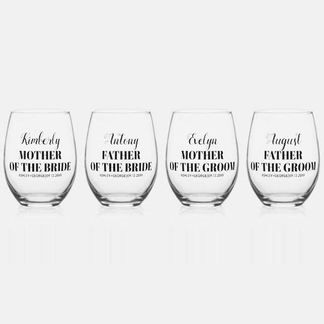 Mother and father of the bride and groom wedding stemless wine glass (Front)