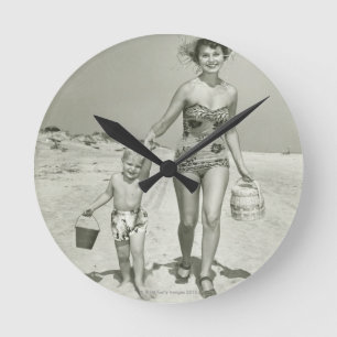 Mother and Son Walking Round Clock