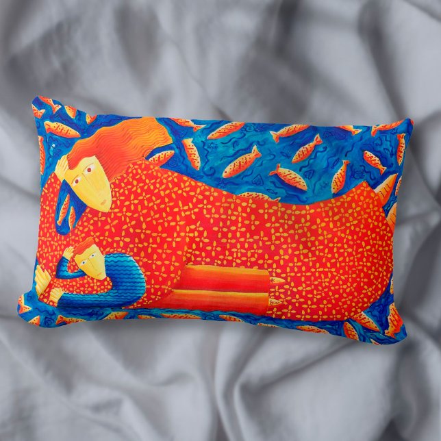 Mother And Son With Goldfish Modern Art Painting Lumbar Cushion (Creator Uploaded)