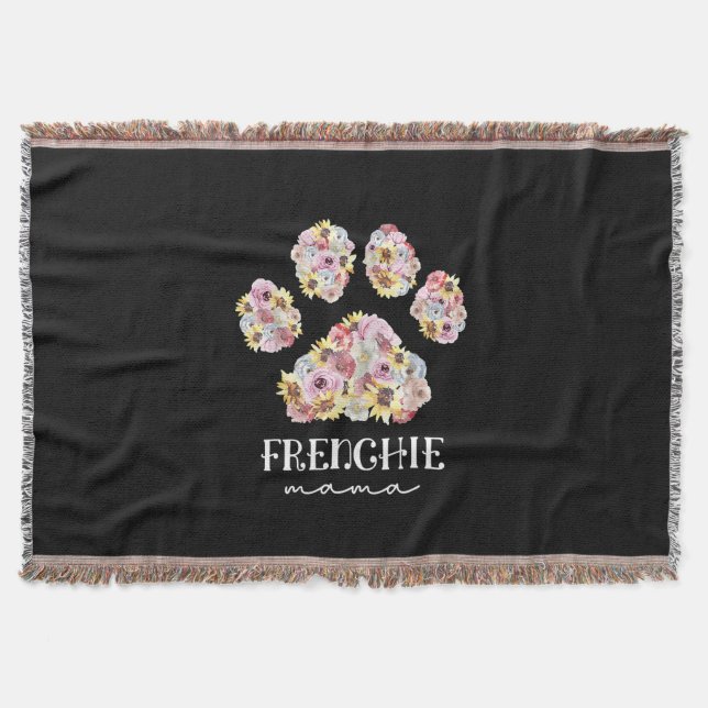 Mother Art Frenchie Mama Floral Paw French Bulldog Throw Blanket (Front)