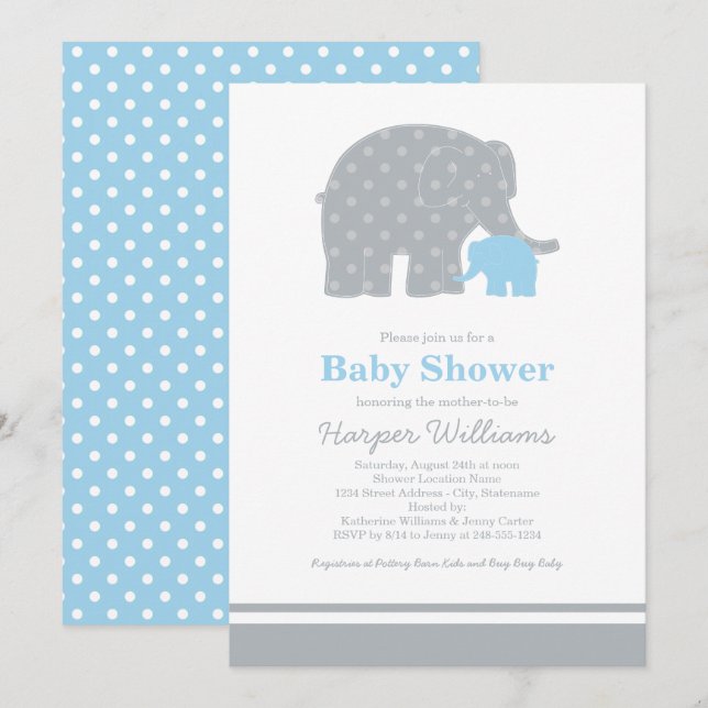 Mother Baby Elephant Blue Grey Baby Boy Shower Invitation (Front/Back)