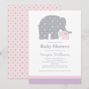 Mother Baby Elephant Pink Purple Girl Shower Invitation
