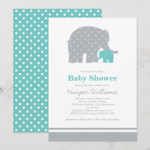 Mother Baby Elephant Teal Grey Baby Shower Invitation
