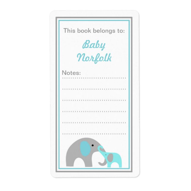 Mother & Baby Elephants Turquoise Bookplates (Front)