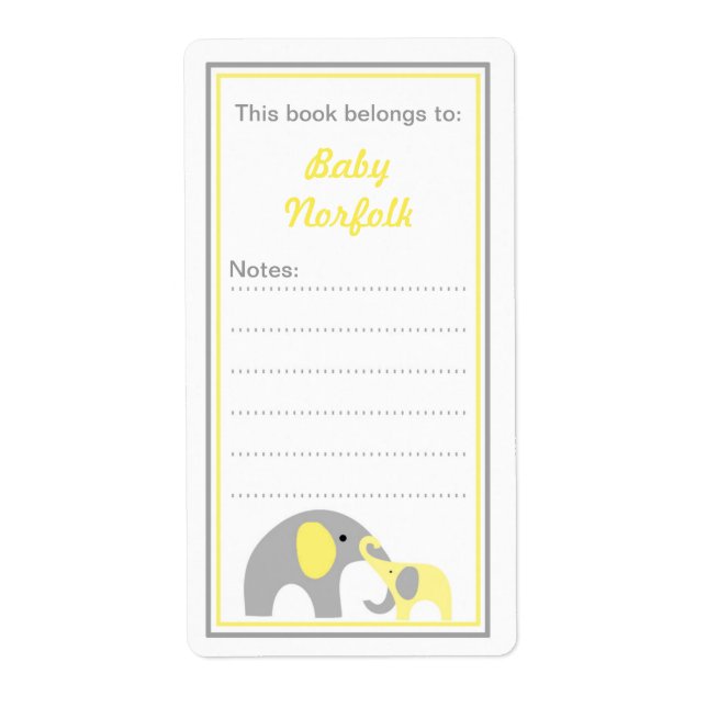 Mother & Baby Elephants Yellow Grey Bookplates (Front)