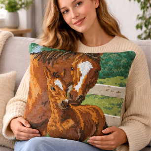 Mother Baby Horse Cross Stitch Style Cushion