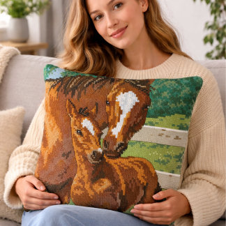 Mother Baby Horse Cross Stitch Style Cushion
