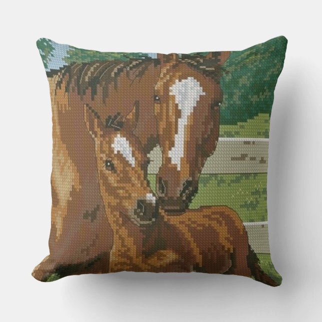Mother Baby Horse Cross Stitch Style Cushion (Front)