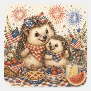 Mother & Baby Patriotic Hedgehog Watercolor Art Square Sticker