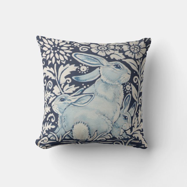 Mother, Baby Rabbit Spring Floral Navy Blue Unique Cushion (Front)
