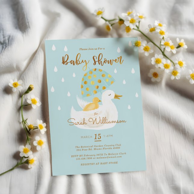 Mother & Baby Yellow Ducky Umbrella Light Blue Invitation (Mother & Baby Yellow Ducky Umbrella Light Blue Invitation)