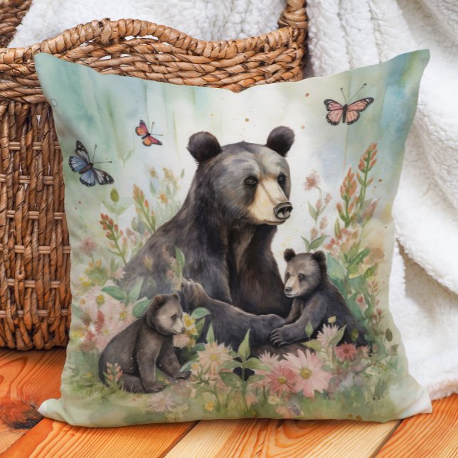 Mother Bear Cubs Butterflies Flowers Painting Cushion (Bear family pillow)