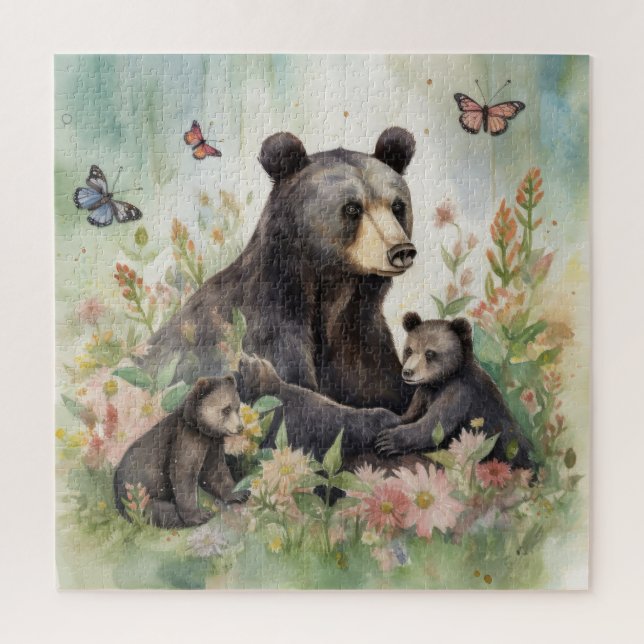 Mother Bear Cubs Butterflies Flowers Painting Jigsaw Puzzle (Vertical)