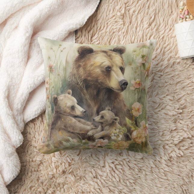 Mother Bear Cubs Pink Flowers Nature Painting Cushion (Blanket)