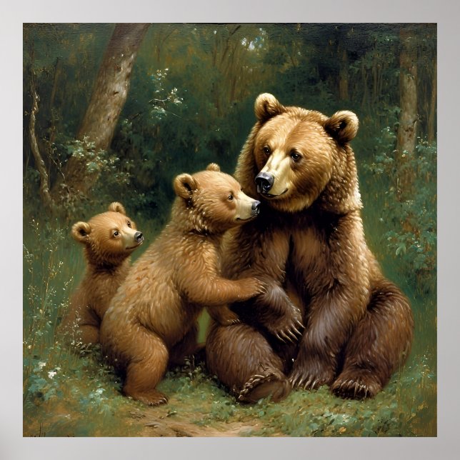 Mother Bear With Cubs in a Forest Setting Poster (Front)